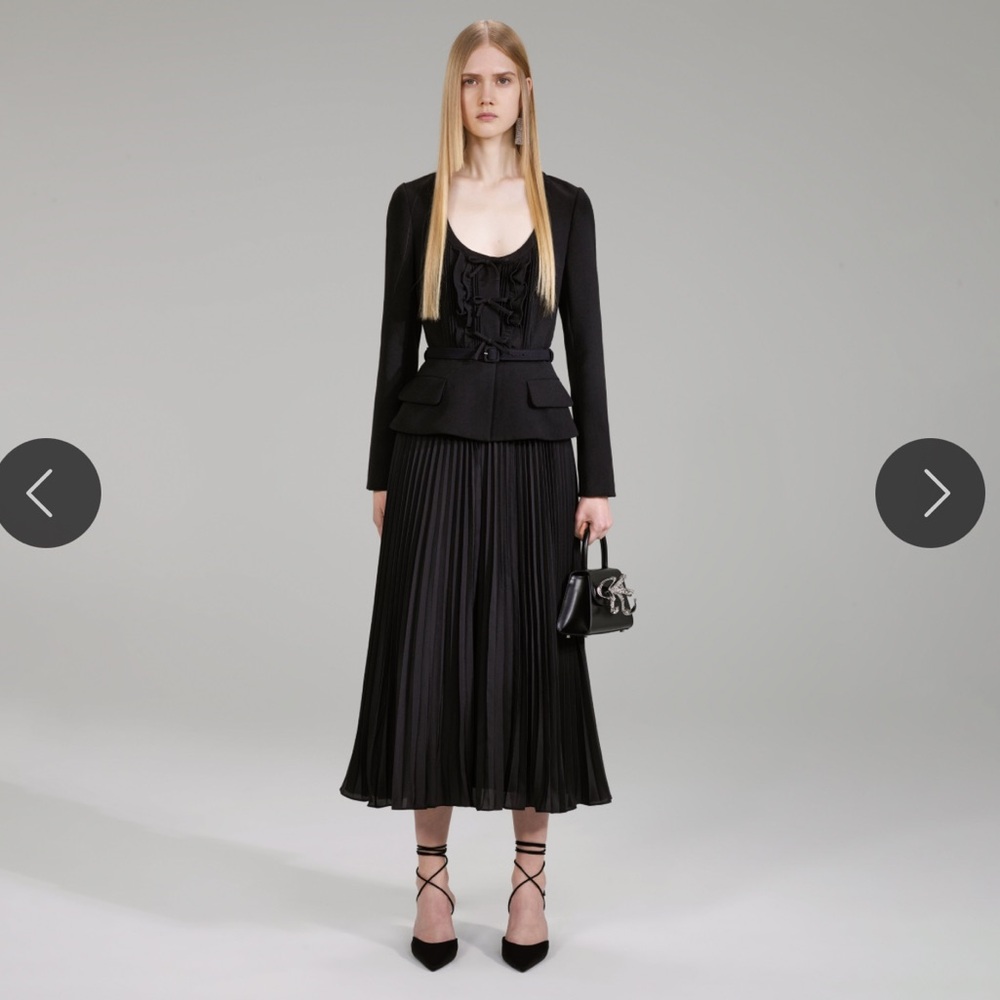 SELF-PORTRAIT  Black Ruched Crepe Midi Dress Pleated Skirt Belted Blazer  Size 4
